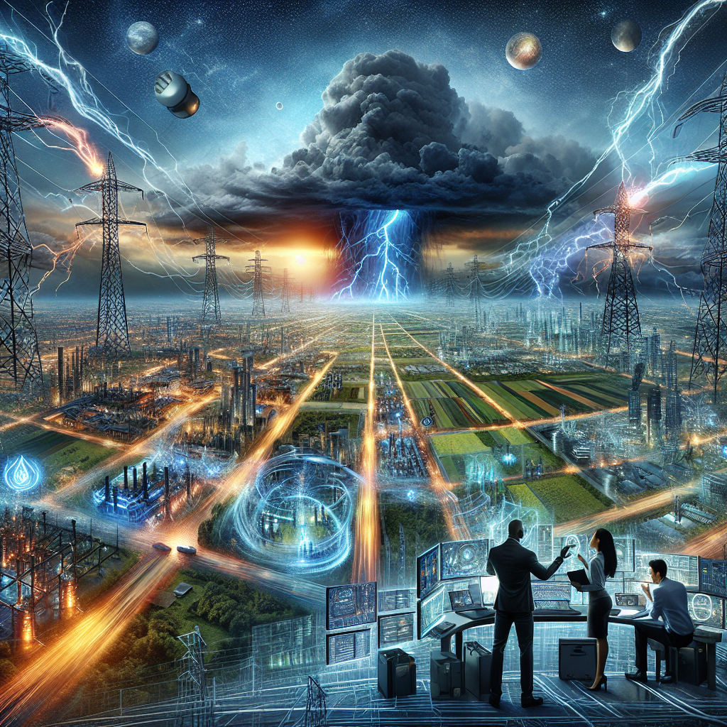 A vivid depiction of a flawless power grid system spread across a diverse landscape with various infrastructures such as cities, rural areas, and industrial zones. The system is interconnected with glowing lines representing ceaseless electricity flow. This prosperous scene is contrasted by the looming threat of a colossal thunderstorm approaching from the horizon, with dark, ominous clouds and lightning, symbolizing the risk of potential grid failure. In the foreground, a team of diverse engineers - a South Asian woman, Black man, and Middle-Eastern man - working in unison on preventive measures like advanced equipment and strategic plans to resist the incoming storm and prevent a nationwide blackout.