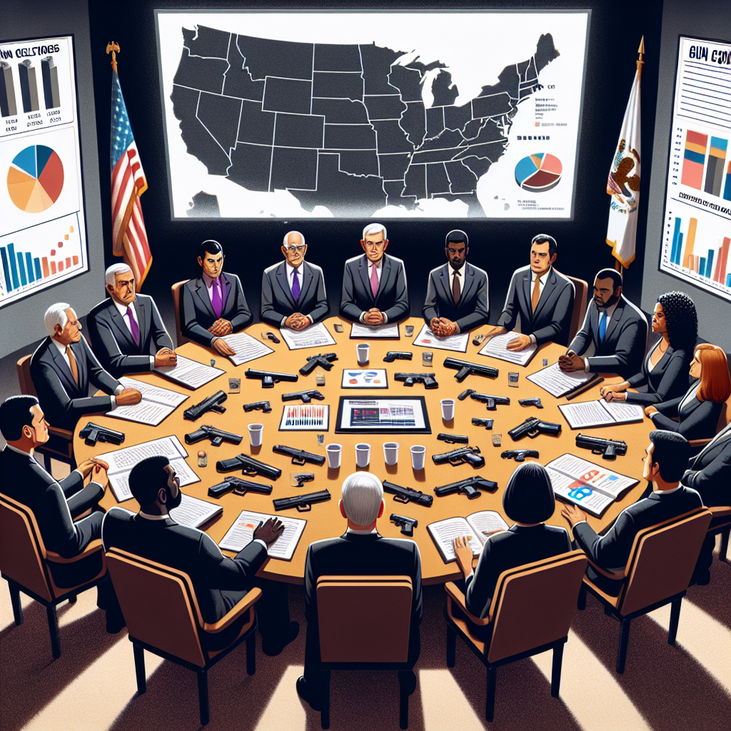 Visualize an image that depicts a scene of stern-looking politicians, both male and female of diverse descents such as Caucasian, Black, Hispanic, and Asian, sitting around a large round table. They are in a serious discussion about gun control measures. In the center of the table, there are documents related to gun control laws, statistical data, pie charts, and bar graphs reflecting gun violence incidents. On one side of the room, there's a large screen projecting a map of the United States with color-coded zones showing the prevalence of gun violence.