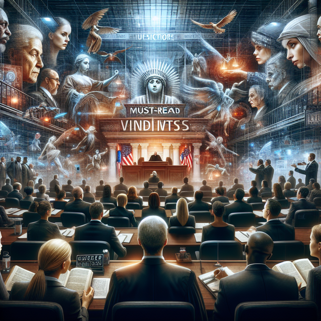 A detailed, dramatic image representing the concept of a high-profile criminal trial in the United States. Imagery to include a bustling, high-tech courtroom filled with various legal professionals of different genders and descents. The focus should be on the tension in the room: a judge of Middle-Eastern descent presiding over the case, an eager jury of mixed genders and races attentively listening, two legal teams - one led by a Caucasian woman, the other by a Black man - battling wits. Above them all, the words 'Must-Read Verdicts' float in the air, capturing the gravity of the situation.