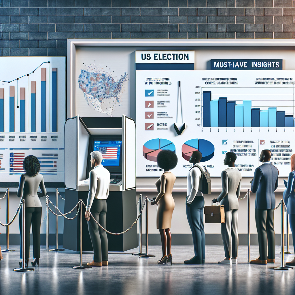 An image depicting a modern voting booth with an electronic voting system. A diverse group of people, including a Caucasian male, a black female, a Middle-Eastern man and a South Asian woman, are seen in queue to vote. Charts and infographics about voting law changes are displayed on a large screen in the background. A board indicating 'US Election: Must-Have Insights' is seen prominently. Key symbols, such as ballot boxes and legal documents, are subtly included in the composition.