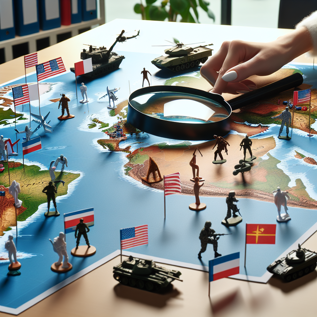 A global map on a table in a well-lit room, with flags from different countries pinned on it. Near the map, there's a magnifying glass, emphasizing the United States region. Various military-themed items such as toy soldiers, tanks, and helicopters are scattered on the map. On the side, a white, female hand is effortlessly moving a toy soldier towards the map. The scene implies a discussion on global security commitments with the context of US military aid decisions.