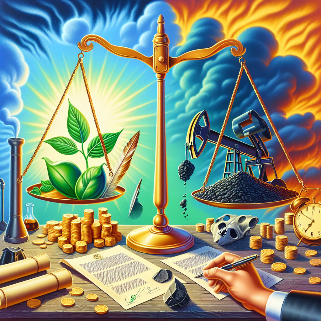 A vivid depiction of a symbolic set of scales, on one side there is a green leaf representing clean energy, and on the other side, traditional symbols of fossil energy such as oil derrick and coal. They are perfectly balanced with a pile of gold coins beneath them, representing investments. On a desk, there are various pieces of legislation related to climate change and scrolls. An unseen legislator's hand puts a pen to paper, implying that legislation is being drafted. In the background, a clock is ticking, indicating urgency. The color palette is bright and hopeful, suggesting optimism.