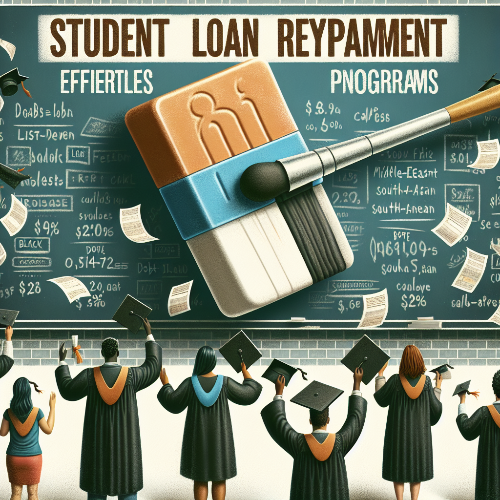 A visual concept for an article cover about 'Student Loan Repayment: Effortless Forgiveness Programs'. In the foreground, a diverse group of people of multiple descents like Hispanic, Black, Caucasian, Middle-Eastern, South Asian, and White can be seen. They are dressed in graduation attires, throwing their hats into the sky. Their faces express relief and joy. In the background, a large eraser, symbolic of debt erasure, wipes clean a chalkboard showing complex loan calculations. The text 'Student Loan Repayment: Effortless Forgiveness Programs' is clearly written above the scene in bold, friendly fonts.