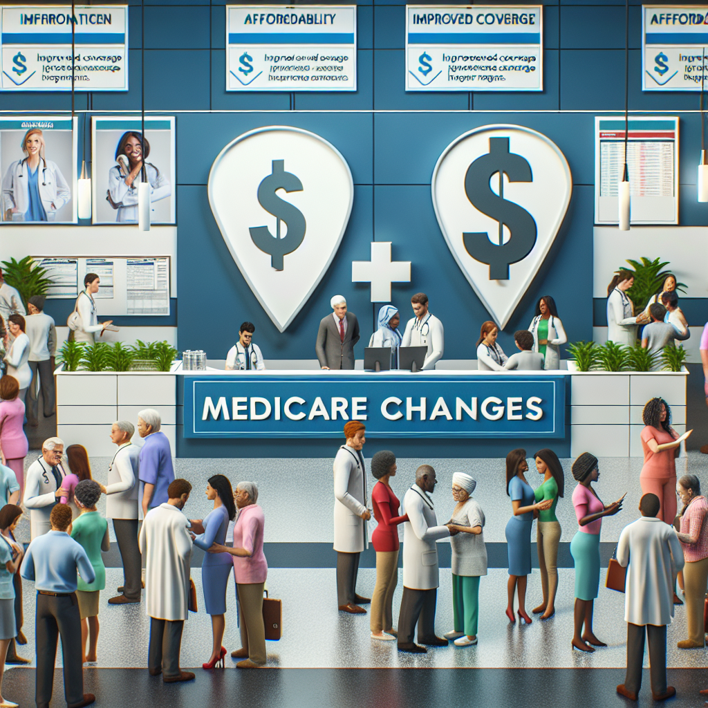A bustling healthcare facility with a prominent sign displaying the words 'Medicare Changes'. Doctors and nurses, representing a wide range of descents including Caucasian, Black, Hispanic, Middle-Eastern, and South Asian, are seen interacting with patients of varying ages and races. Information boards showing improved coverage plans are strategically placed around the facility. An image symbolizing affordability, like a dollar sign inside a shield, is prominently displayed to represent the concept of affordable healthcare insurance reforms. This scene portrays an environment of diversity, positivity, and progress towards affordable healthcare for everyone.
