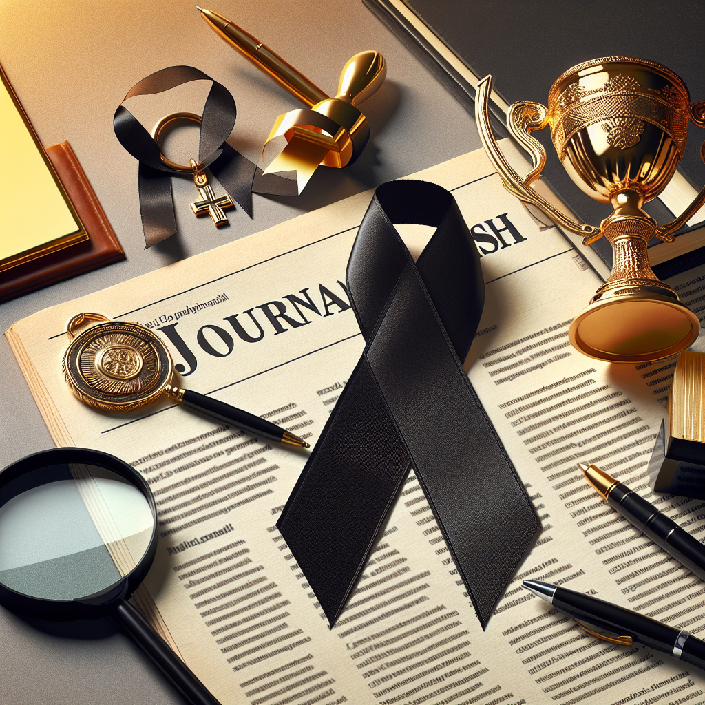 Generate an image capturing the essence of an article dealing with important professional milestones, unfortunate passings, and health updates of famous individuals. The scene might include representations of a golden trophy, a symbolic black ribbon, and a medical cross, arranged on a glossy journalism-themed background with pens, a notebook, and a magnifying glass nearby.