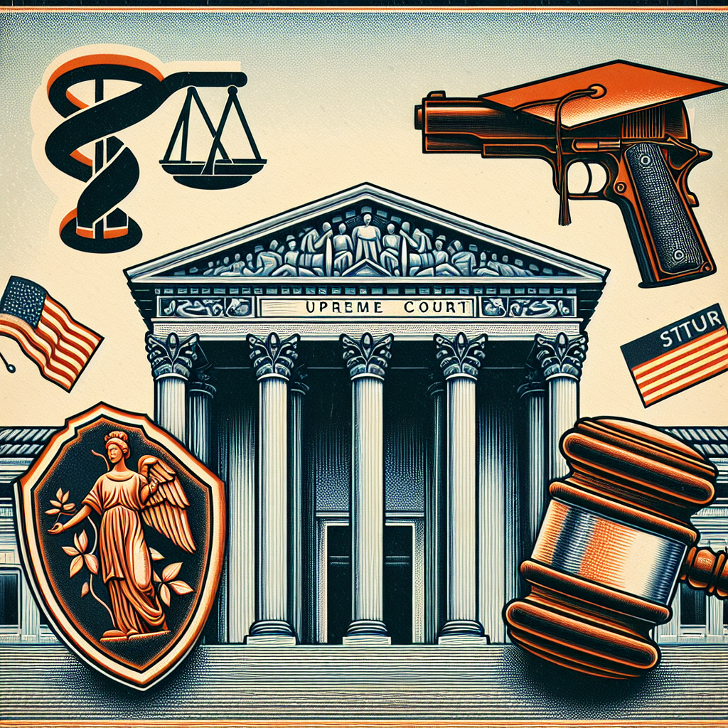A detailed illustration of the US court with three distinct sections: one depicting the symbol of medical care alluding to abortion issues, another reflecting the emblem of gun control symbolizing gun laws, and the third section featuring an image related to student loans, like a graduation cap and a weight symbolizing the financial burden. Overlay these images with subtle background symbols representing American legislation, such as gavel or court building, indicating the Supreme Court's influence on these matters.