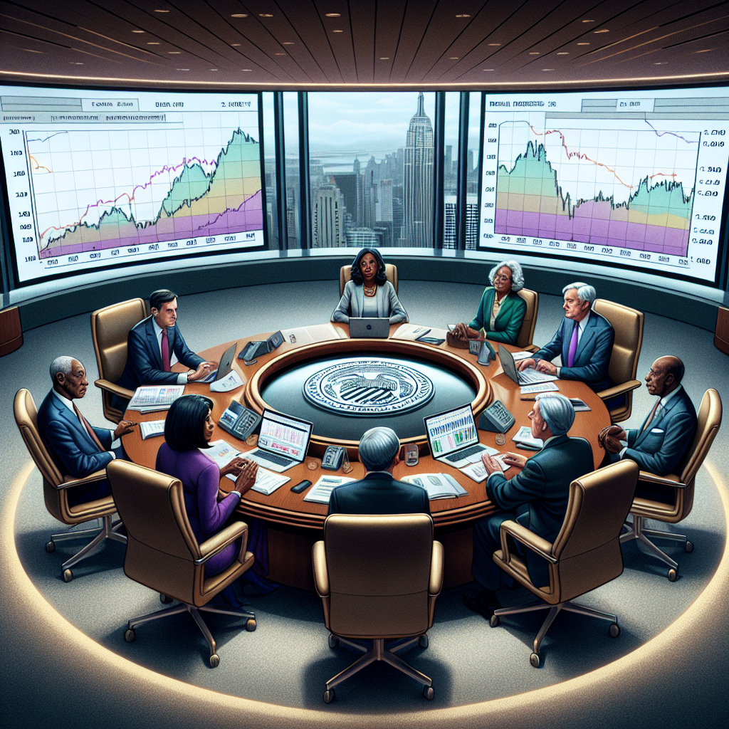 A large round table where monetary policy decisions are being discussed. Five people are present: two Caucasian men, one African woman, one South-Asian woman, and one Hispanic man. They are sitting in comfortable chairs with economic charts, papers, and laptops scattered on the table. On a big screen behind them are displayed graphs about interest rates and federal reserves. Their faces reflect grave concentration, indicating the weight of the decisions being made. A plush carpet and large windows overlooking a cityscape hint at the importance and high-level nature of their roles.