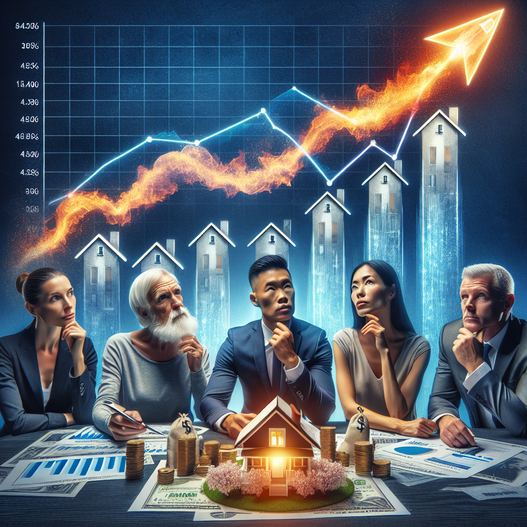 Create an impactful image that deeply illustrates the current housing crisis. Show a graph dramatically increasing, symbolizing the skyrocketing mortgage rates. The graph should be emblazoned by a blazing rocket to further emphasize the rise. In the foreground, have a diverse group of contemplative individuals: a Caucasian woman real-estate broker, an Asian man financial advisor, and a Hispanic woman homeowner. They are together examining a house miniature sitting on a table, symbolizing a holistic approach to navigating the crisis. The background should display residential houses with signs indicating they are for sale.