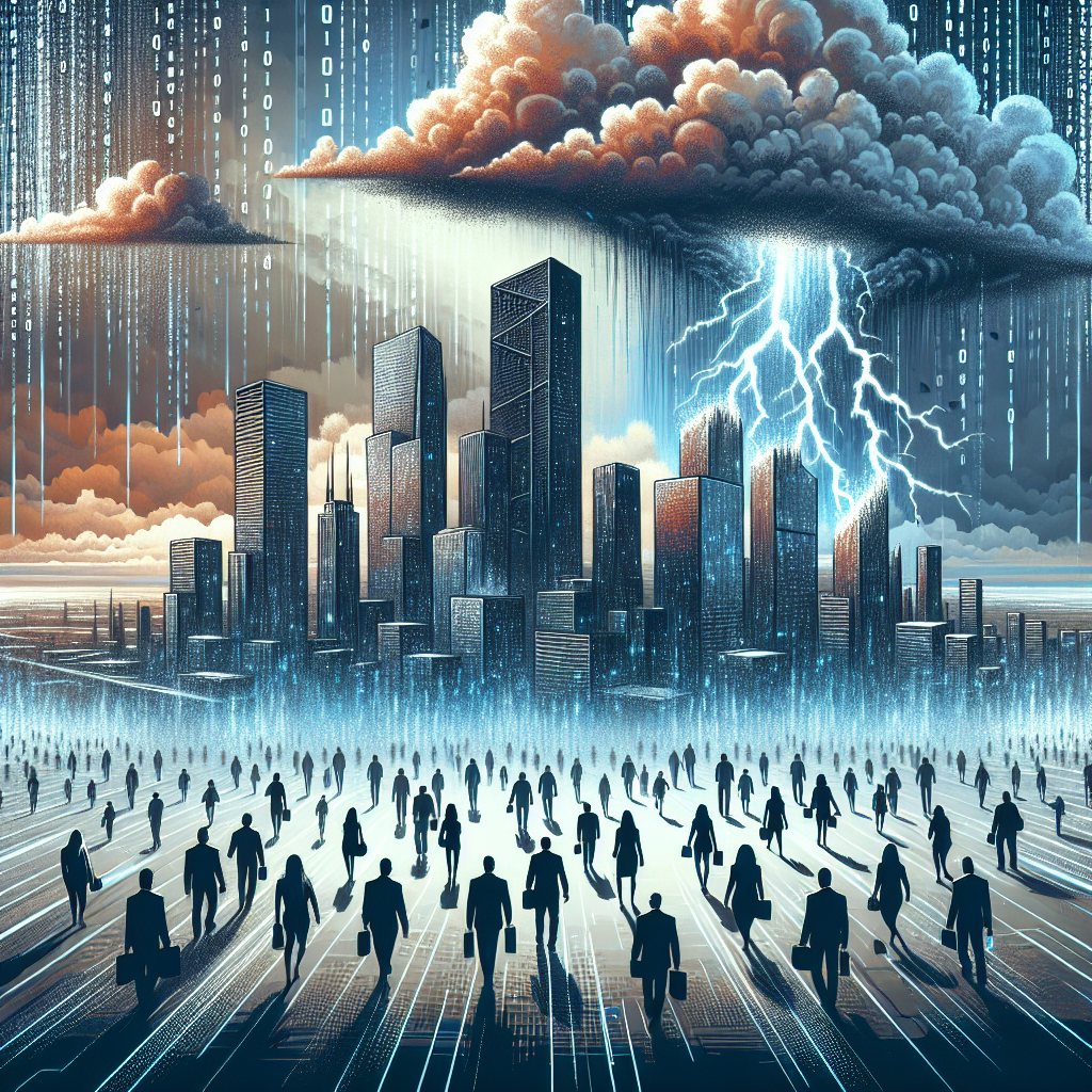 Illustrate a powerful and symbolic scene representing the concept of mass layoffs in the technology sector. Imagine an abstract landscape featuring towering skyscrapers symbolizing tech giants, strong enough to pierce the sky, but now showing signs of crumbling or being hit by lightning symbolizing turmoil. There are digital clouds hovering above, raining binary code symbolizing data, with dark stormy skies to indicate the tough times. Some of the people walking on the streets below could be seen as diverse tech employees, representing different genders and descents, notably Caucasian, Hispanic, Black, Middle-Eastern, South Asian, and White, showcasing their emotions ranging from determination to despair.