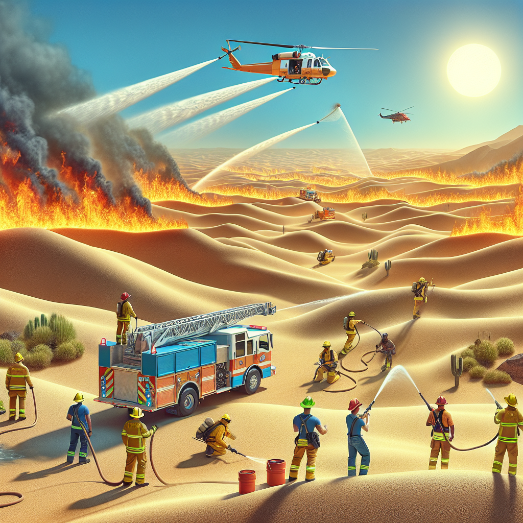 Image of an undulating desert landscape under a scorching sun, symbolizing extreme heatwaves. In the foreground, diverse group of firefighters, composed by Black, Hispanic, Caucasian, Middle-Eastern and South-Asian men and women, are operating a water cannon on a large fire truck, battling a raging wildfire on the outskirts of the desert. They are wearing bright, reflective emergency service attire, and they are at work employing cutting-edge firefighting techniques. High in the cloudless sky a helicopter with a large water bucket is ready to drop water on the wildfire. Caption reads 'Wildfire Emergencies: Best Strategies to Combat Extreme Heatwaves'.