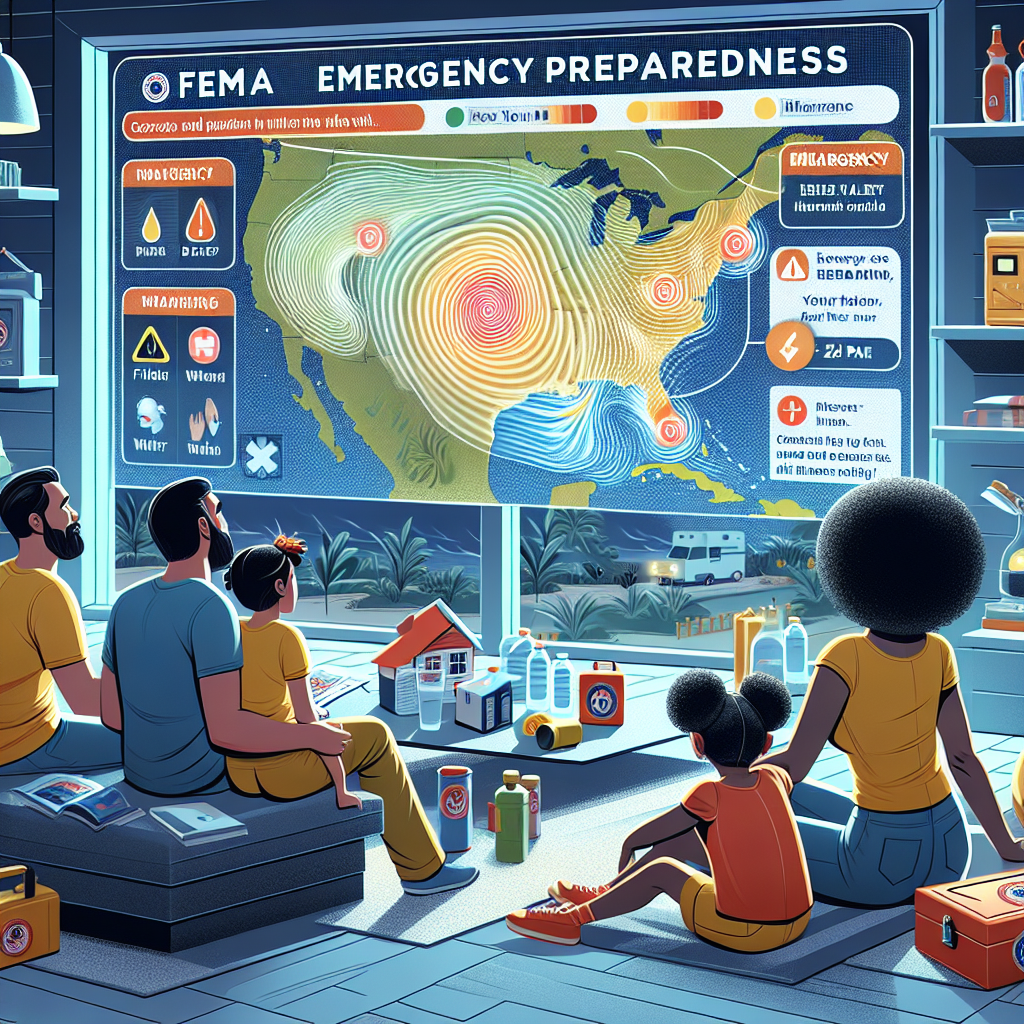 An informational scene illustrating the concept of FEMA emergency preparedness during hurricane season. This involves a detailed depiction of a weather alert system, including a large interactive digital map highlighting potentially hazardous areas with swirling storm patterns, high winds and flooding. Insert infographics detailing an emergency checklist with items such as flashlights, bottled water, first aid kit etc. Additionally, incorporate a family of four, composed of a Middle Eastern father, Black mother, South Asian daughter and Caucasian son, attentively studying the preparedness procedures and gearing up for the potential storm. All of this is set inside a well-lit, modern living room.