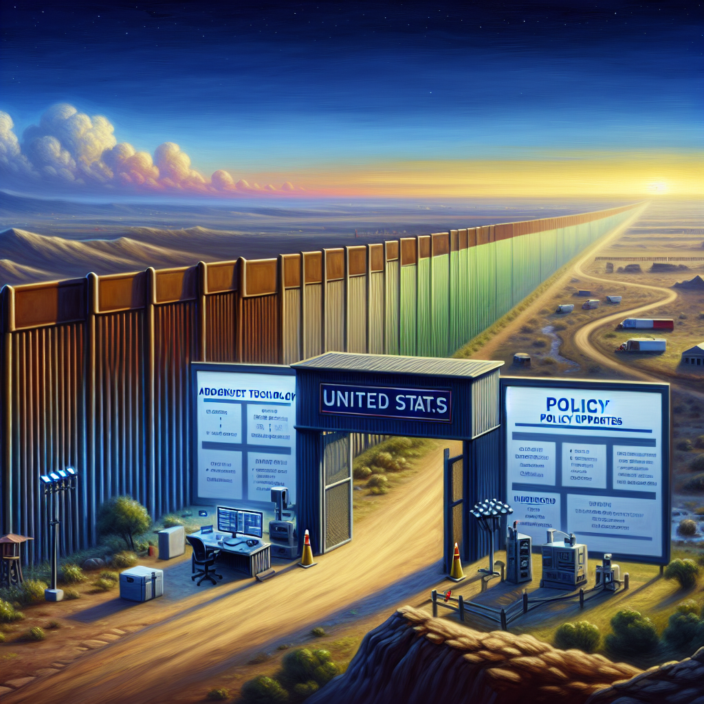 Depict a symbolic representation of United States immigration policy changes. Show a sturdy, impressive wall that looks newly constructed on a border, it stretches far into the horizon. A gate in the wall is accompanied by advanced technology equipment symbolizing enhanced security measures. Display relevant signage indicating policy updates. The sky above should be a beautiful dawn, representing new beginnings. Paint an image with a distinct contrast between the peaceful, prosperous land on one side of the wall and the rugged, unsure terrain on the other. No people should be present in this image.
