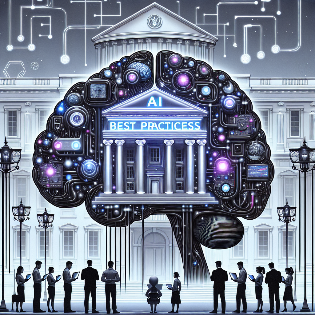 An illustrative image of a metaphoric representation of artificial intelligence regulation and deployment. There's a gigantic machine in the shape of a brain, representing AI, placed in the center with numerous wires and digital nodes attached to it. The machine is being regulated or adjusted by people of various descents, showing racial and gender diversity, who are dressed as tech workers. In the background is the silhouette of a neoclassical building symbolizing the White House, with 'AI Regulation: Best Practices' projected onto it in large, glowing letters.