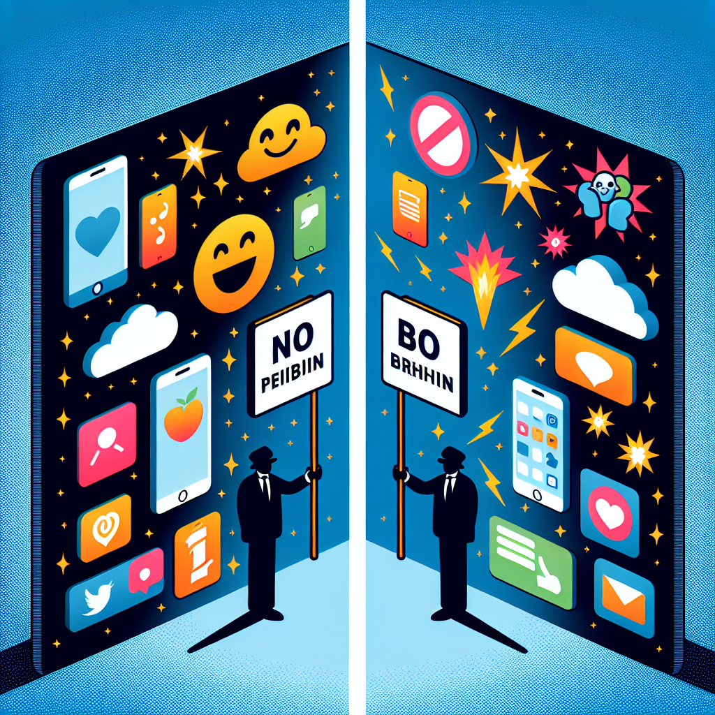 Visualize a metaphorical representation of escalating tech tensions. Picture an image with two sides separated by a thin line, indicating a debate. On one side, display generic mobile apps with a positive atmosphere, represented by bright colors and cheerful emojis. On the other side, depict a shadowy figure holding a large 'Prohibited' sign, symbolizing the concept of 'ban'. Ensure there are sparks flying across the dividing line to indicate the sparking controversy. Do not depict any specific apps, logos, or identifiable entities to maintain neutrality.