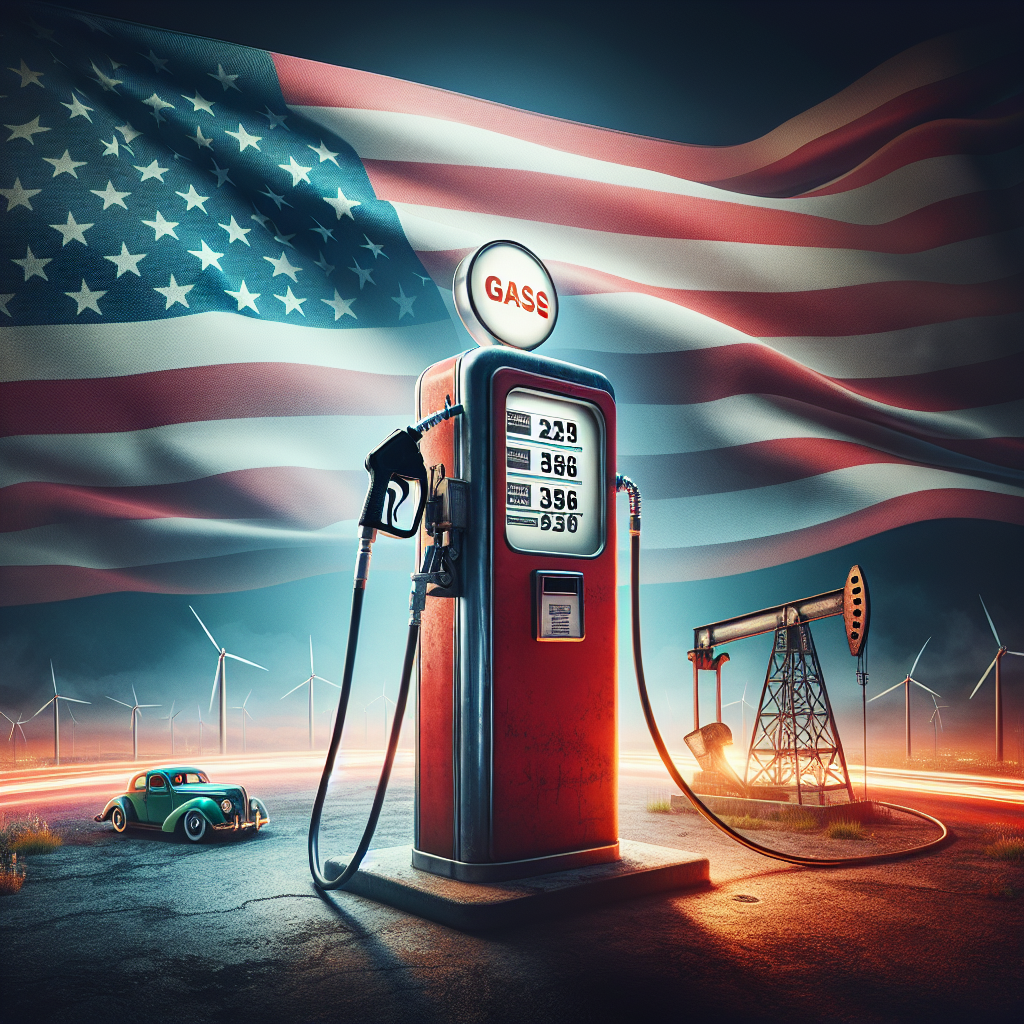 A dramatic visual representation of plummeting gas prices. Picture a large, vintage-styled gasoline pump situated in the foreground, with a digital price display that's descending in real time. The backdrop is a dynamic wavy US flag, representing the region's energy policy shifts. In the mid-ground, portray a symbolic oil derrick and a clean energy wind turbine standing side by side representing the change in energy sources.