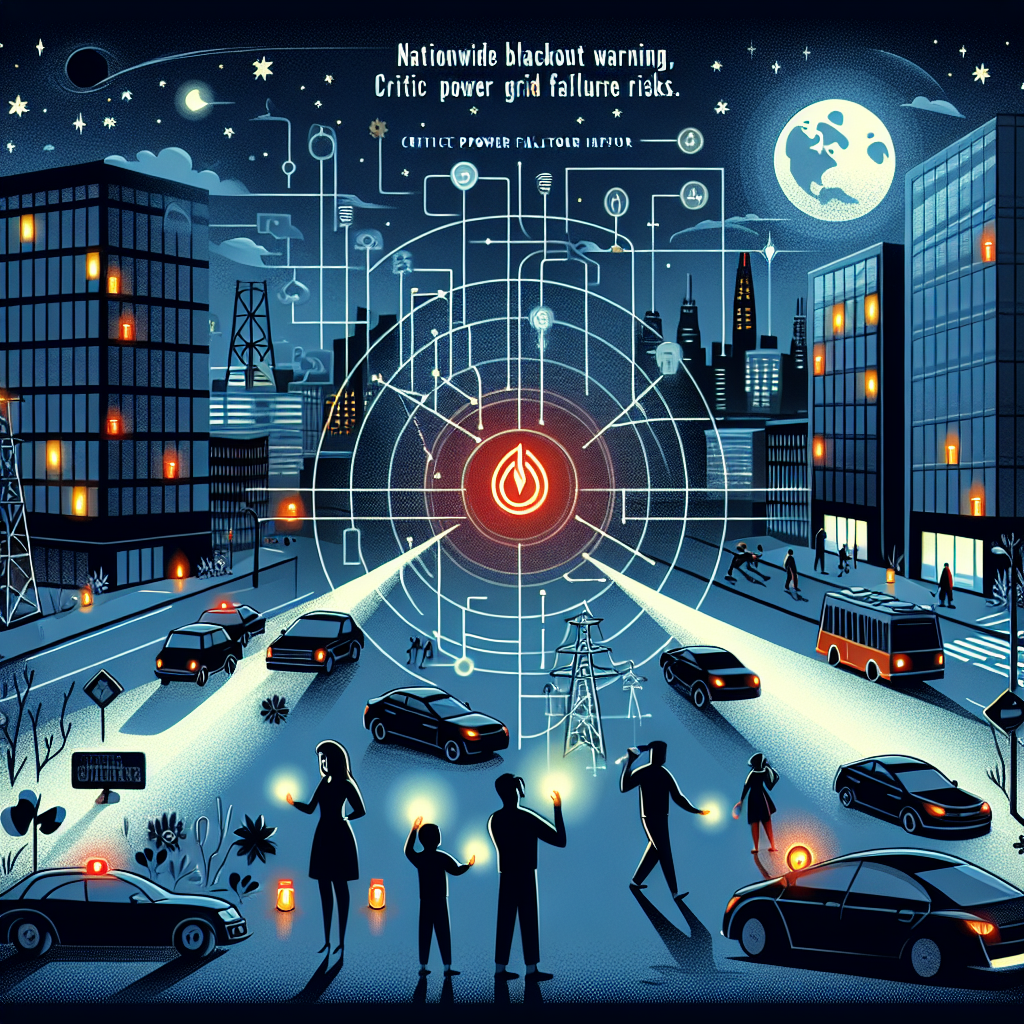 A scene representing a nation plunged into darkness due to a critical power grid failure. In the midst of a city landscape with buildings, cars, and street lamps, everything suddenly goes dark except for the moon and stars shining dimly in the sky. People of Caucasian, Hispanic, and South Asian descent are seen using flashlights or candles to navigate the situation. There is a diagrammatic representation of a power grid with a large red symbol indicating failure at a central point. Overlaying the scene are bold, eye-catching headlines stating 'Nationwide Blackout Warnings' and 'Critical Power Grid Failure Risks'.