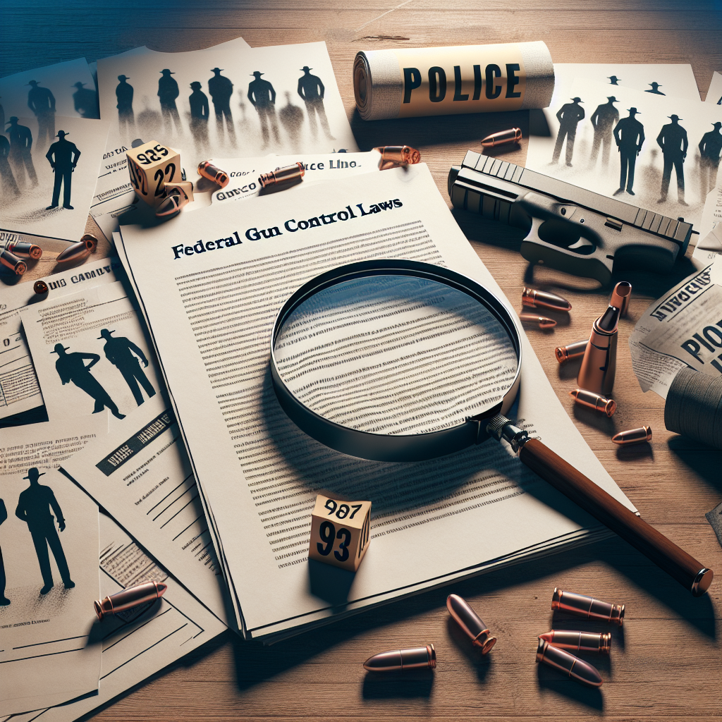 Visualize a conceptually rich scene where a magnifying glass is hovering over a collection of documents titled 'Federal Gun Control Laws'. The documents are spread across a wooden table, with snippets of text visible, expressing the language of legal jargon. On the table is also a handful of generic crime scene evidence like a 'police line' tape and a chalk outline. In the background, there are faded silhouettes that symbolize gun violence incidents. Keep the overall tone serious and respectful, utilizing colors and shades that communicate the grave nature of the topic.