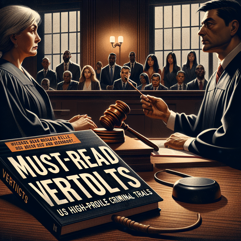 A dramatic depiction of a courtroom during a high-profile criminal trial. The trial is in progress with a middle-aged Caucasian female judge at her bench, a Black male prosecutor presenting his case, and a young Asian female defense attorney listening attentively. In the background, one can see a jury composed of various people from different descents and genders. Close up on a wooden gavel, symbolizing justice, on the judge's bench. A law book lies nearby. The title 'Must-Read Verdicts: US High-Profile Criminal Trials' hovers in the foreground in bold, dramatic lettering.