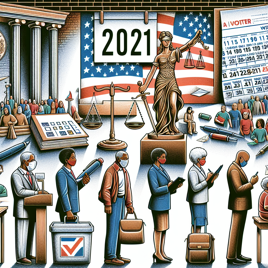 Create a detailed image representing changes in voting laws within the United States in 2021. Include symbolic items like ballots, voting boxes, pen for signing, and a large calendar on the wall showing the year 2021. Be sure to add elements like a scale of justice, representing the law, and an American Flag to signify the United States. Depict a variety of voters, a Black woman, a Hispanic man, a South Asian elder woman, and a Middle-Eastern young man waiting in line to cast their vote, expressing the diversity of voters in the country.