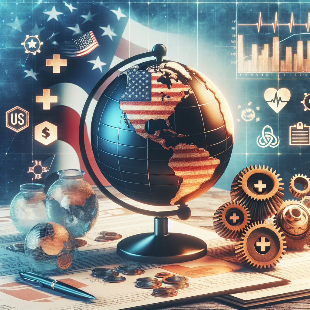 Depict an image illustrating the concept of global security. Its main elements should be a globe placed on a sturdy table to represent stability. Surrounding the globe are symbols that represent key factors influencing military aid, such as economic graphs, documents with the word 'Policy', gears alluding to logistics, and a medical cross as a metaphor for humanitarian efforts. The US flag is visible, though not overpowering, in the background to represent its involvement. Please omit any human presence and focus only on these symbolic components.