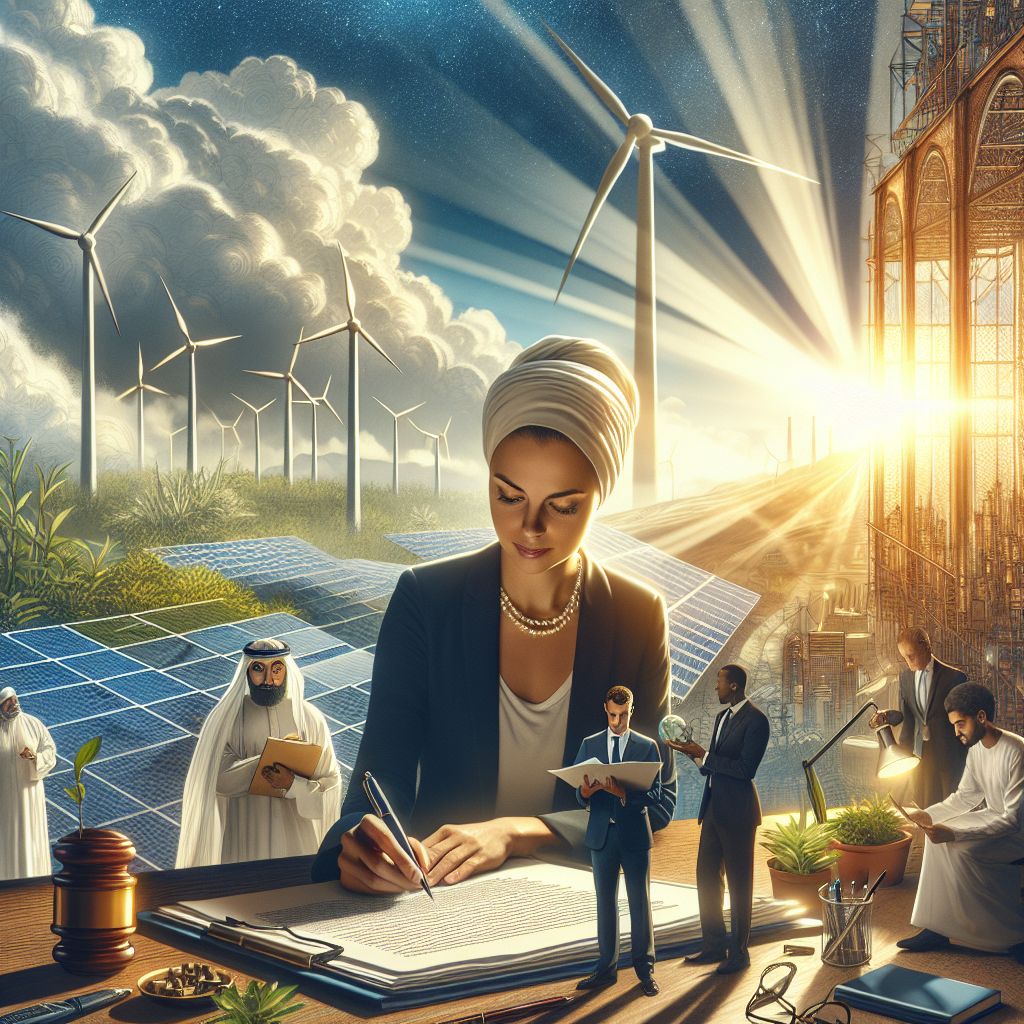 Visualize a conceptual image illustrating clean energy investments and climate change legislation. Imagine a balanced composition with the foreground featuring a Caucasian female legislator carefully scribing a piece of climate legislation, while behind her, rays of sunlight beam onto a wind turbine and a solar panel field. In the background, a diverse group of investors - a Middle Eastern man, a Hispanic woman, and a Black man - are studying and discussing clean energy project blueprints. Try to let the image evoke a sense of hope, progress, and unity. No need for text.