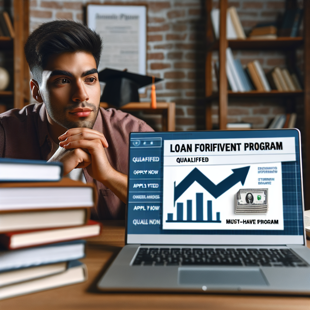 Visualize an encouraging scene related to student loan repayment. Show a focused and hopeful young adult of Hispanic descent looking at a laptop screen with an expression of relief. The screen displays a chart with a downward trend, symbolizing decreasing student loan debt. Beside the laptop, place a document titled 'Loan Forgiveness Program' with prominent words visible: 'Qualified', 'Apply Now', 'Must-Have Program'. Lastly, the background reflects an educational setup, such as stacked textbooks, a graduation cap and a diploma.