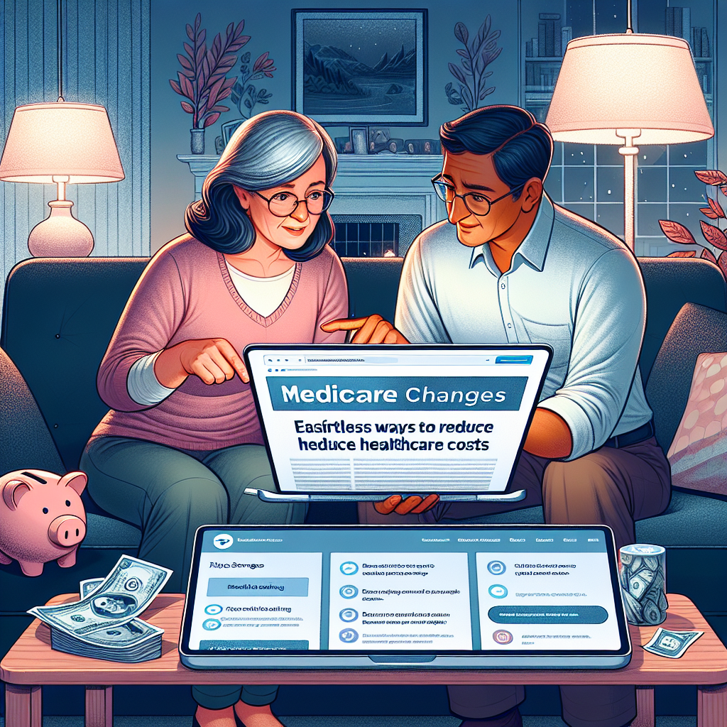 An illustrative scene of a middle-aged Caucasian woman and a South Asian man engaged in a discussion in a comfortable living room setting, with a laptop opened to a web page titled 'Medicare Changes: Effortless Ways to Reduce Healthcare Costs'. They are reviewing the information together, pointing at various sections of the site where tips and strategies are listed for reducing healthcare costs. The ambiance suggests an environment of diligent research and careful decision making. Little hints of savings, such as a piggy bank and dollar bills, are subtly woven into the background.