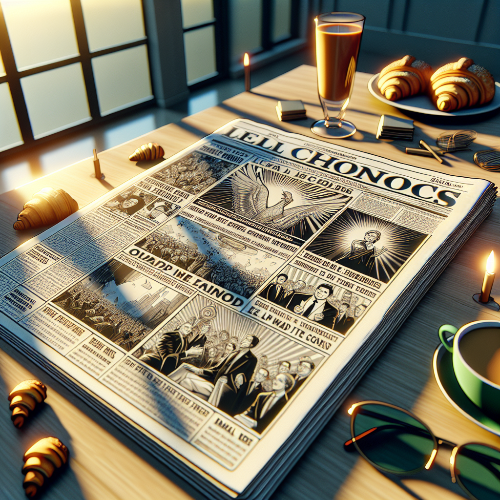 Visual representation of a newspaper with highlighted sections, placed on a coffee table. The newspaper features headlines about iconic moments and significant events in public figures' lives. Illustrate the sense of joy, sadness, and surprise that might be induced by such news. The coffee table is adorned with a reading glasses, a freshly brewed cup of coffee, and a few morning pastries. The room reflects the early morning sun, adding a warm tone to the scene.