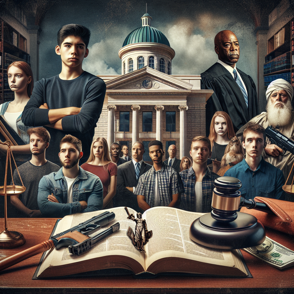 An old classic courthouse in the background with symbols representing law: a gavel, the scales of justice, and an open book, symbolizing the constitution. In the foreground, a diverse group of people, including a Caucasian male student, an African American female student, a Hispanic male holding a firearm safely and a Middle-Eastern female holding an empty wallet, all looking intently at the courthouse. A vibe of serious discussion in the air.
