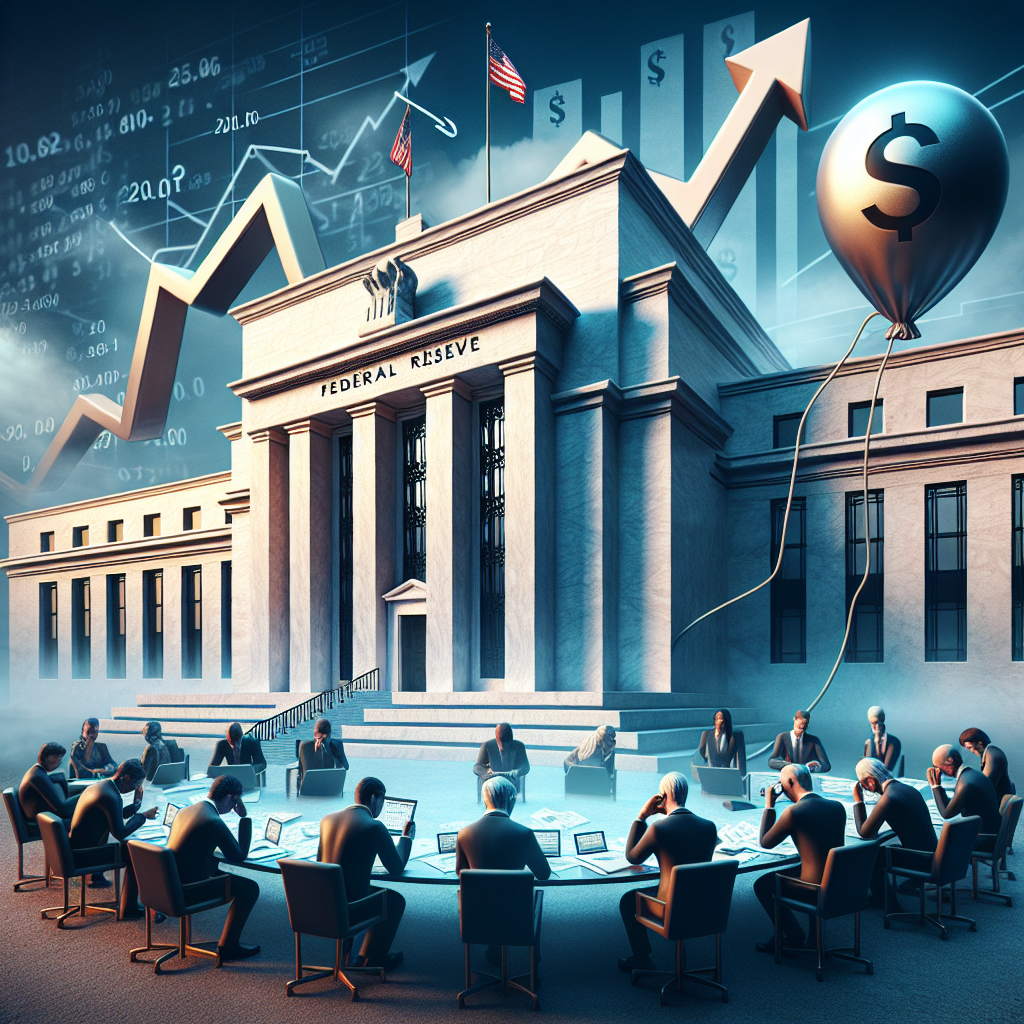 A highly detailed image for an article revolving around the economic theme of the Federal Reserve's impact on inflation and the essential strategies for investors. The scene should feature a symbolic representation of the Federal Reserve in the form of a large, imposing building with a dollar sign above the entrance. Close to it, imagery signifying inflation like upward chart arrows, a ballooning balloon illustrating growing prices. In the forefront, represent investors as diverse individuals of various descents and genders scanning through documents, or gripping their temples in thought. Depict these elements in a realistic style with an authoritative and sober atmosphere.