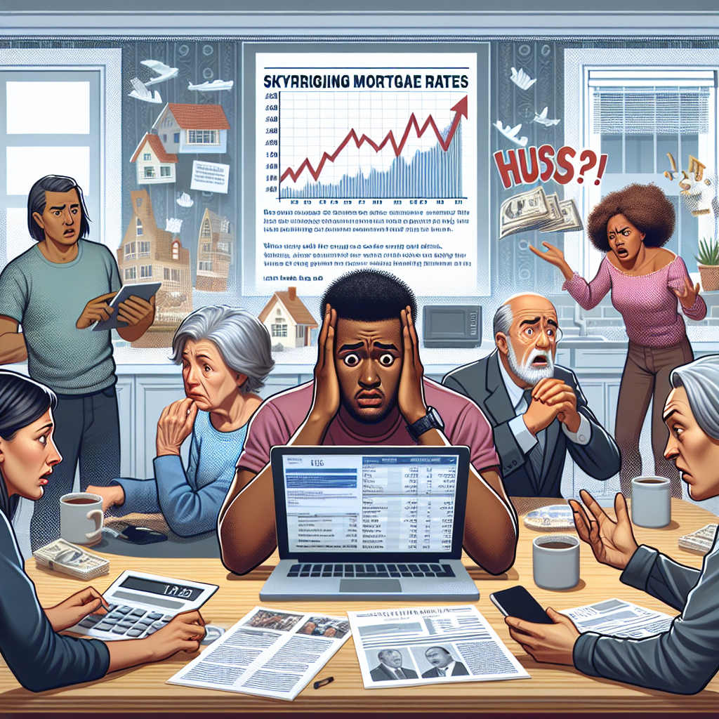 Illustrate a scene in which a diverse group of people are experiencing the upheaval of the US housing market. Show an African American man anxiously staring at his laptop screen that shows skyrocketing mortgage rates. Beside him, an elderly Caucasian woman looks over financial documents on her kitchen table with a worried expression. Across the room, an Asian woman and a Hispanic man engage in a tense discussion, with a chart showing the surging house prices in the background. Include various elements such as computers displaying stock charts, news articles, and real estate adverts.