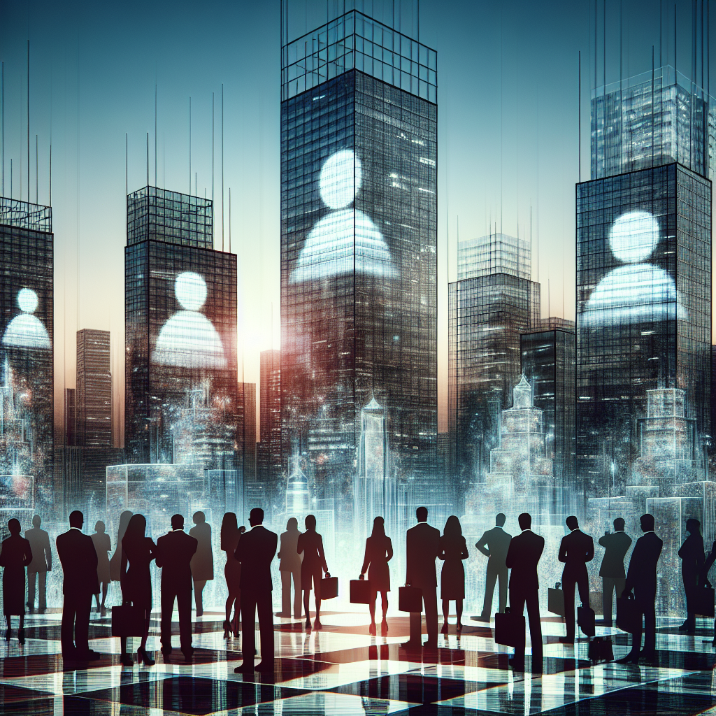 An abstract representation of a modern city skyline composed heavily of glass and chrome with large tech company logos dimming or vanishing partway up the buildings, representing layoffs. In the foreground, an array of diverse professional individuals, of varying gender, descent and age, are standing on a large chessboard, strategizing their next moves. The chessboard is an analogy for survival strategies. It's dusk, amplifying a mixture of anxiety and hope in the atmospheric light.