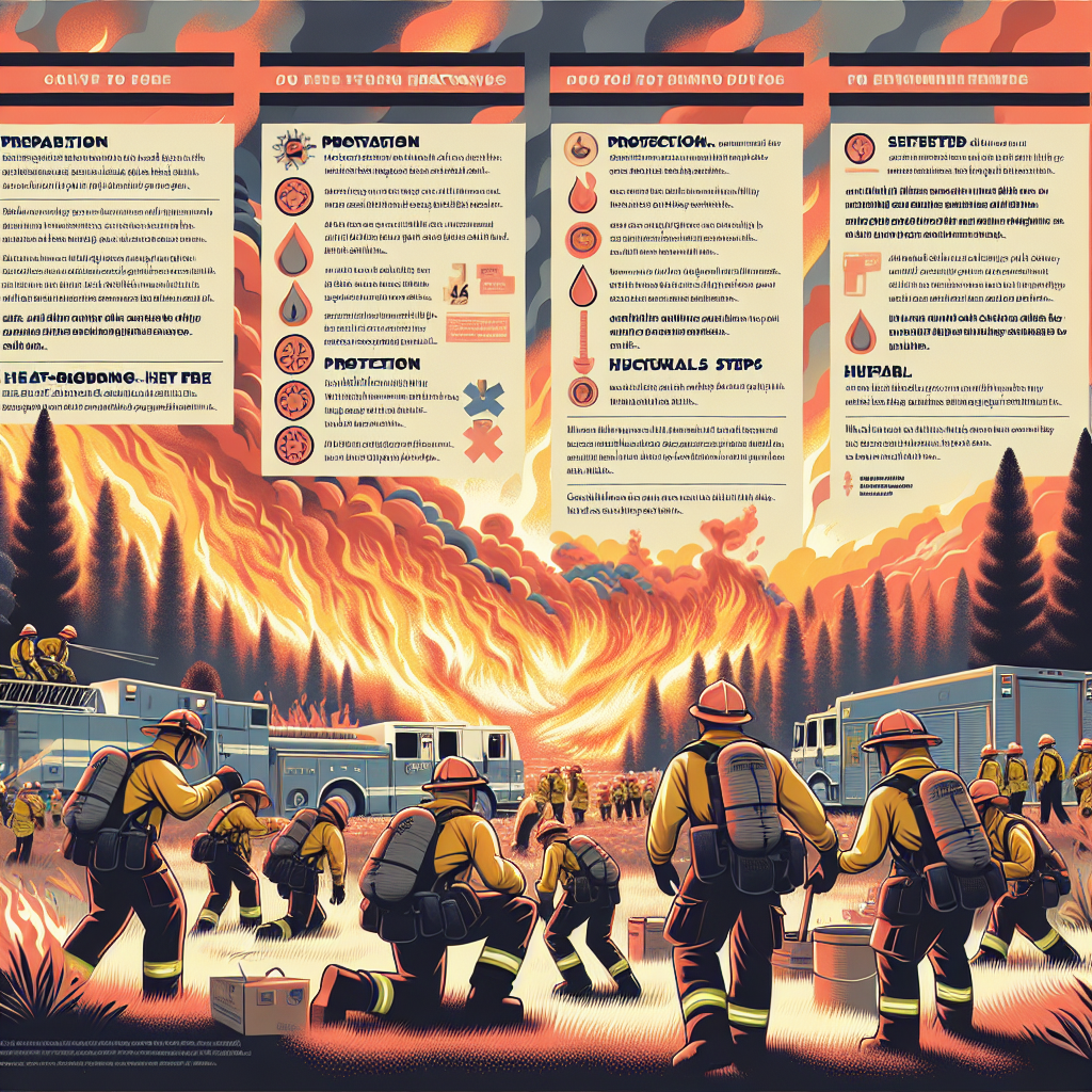 A hectic scenario is unfolding under the scorching sun. Firefighters of diverse descents and genders are actively combating an enormous wildfire that's fiercely devouring a sprawling forest. Clad in their heat-resistant uniforms, they courageously work together, employing the best strategies to slow the spreading fire. Meanwhile, a bold infographic displays detailed survival tips for extreme heatwaves, outlining steps for preparation, protection, hydration, and seeking prompt medical attention for heat-related illnesses. The importance of community in times of environmental crisis is also underlined, emphasized by nearby volunteers distributing supplies to the affected people.