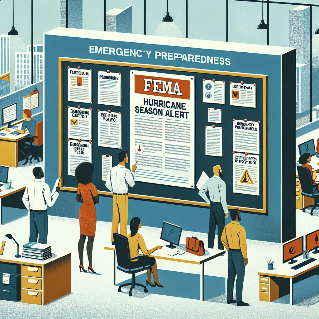 An image depicting a diverse office setting with an Emergency Preparedness Bulletin board prominently displayed. On the board, notices for a FEMA Hurricane Season Alert are pinned. Several people of different descents, including a Black woman, a Middle-Eastern man, and a Caucasian man, are observed inspecting the notices closely. To emphasize the theme of preparedness, include visual elements like emergency plans, evacuation routes, and safety kits around the office. The scene should convey the seriousness of the situation but also the readiness of the people.