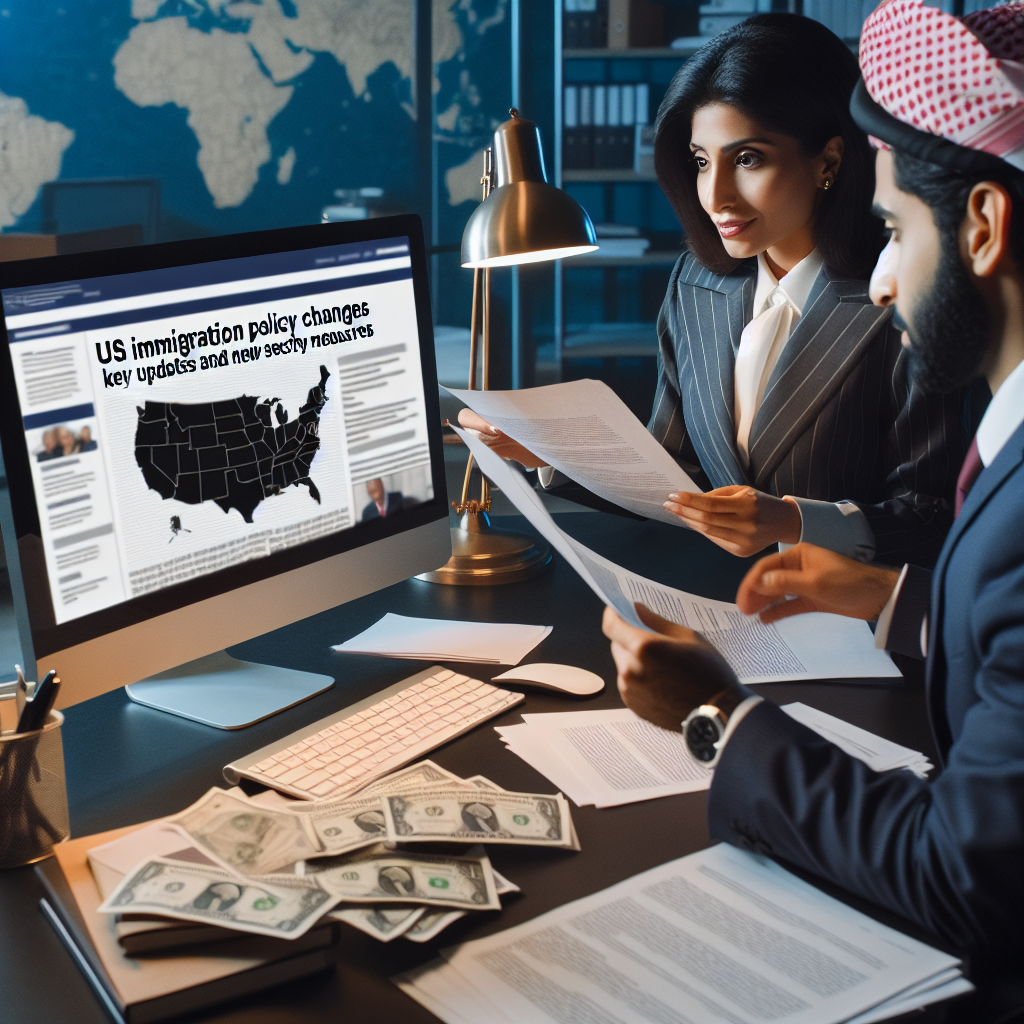 A brightly lit setting of an office with papers strewn across a desk, which includes a computer showing a news site with the headline 'US Immigration Policy Changes: Key Updates and New Security Measures'. A South Asian woman in a formal suit, reading the news on the computer screen with a serious expression. She interacts with a Middle-Eastern man, also in formal attire, who's holding a document titled 'Policy Changes'. The background shows a large map of the United States.