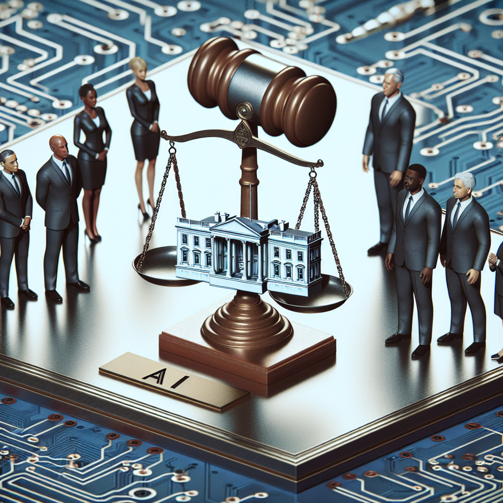 Create an image representing AI regulation. Show symbols of legislation, such as a gavel or a scale, in front of a circuit board background, indicating technology and AI. The White House should be subtly represented, maybe by incorporating an engraving of it on a plaque of law. Please include depictions of various individuals (Caucasian female, Black male, and Middle-Eastern male) wearing business suits to represent policy makers, all standing around the scale or gavel, indicating the collaborative nature of the process.