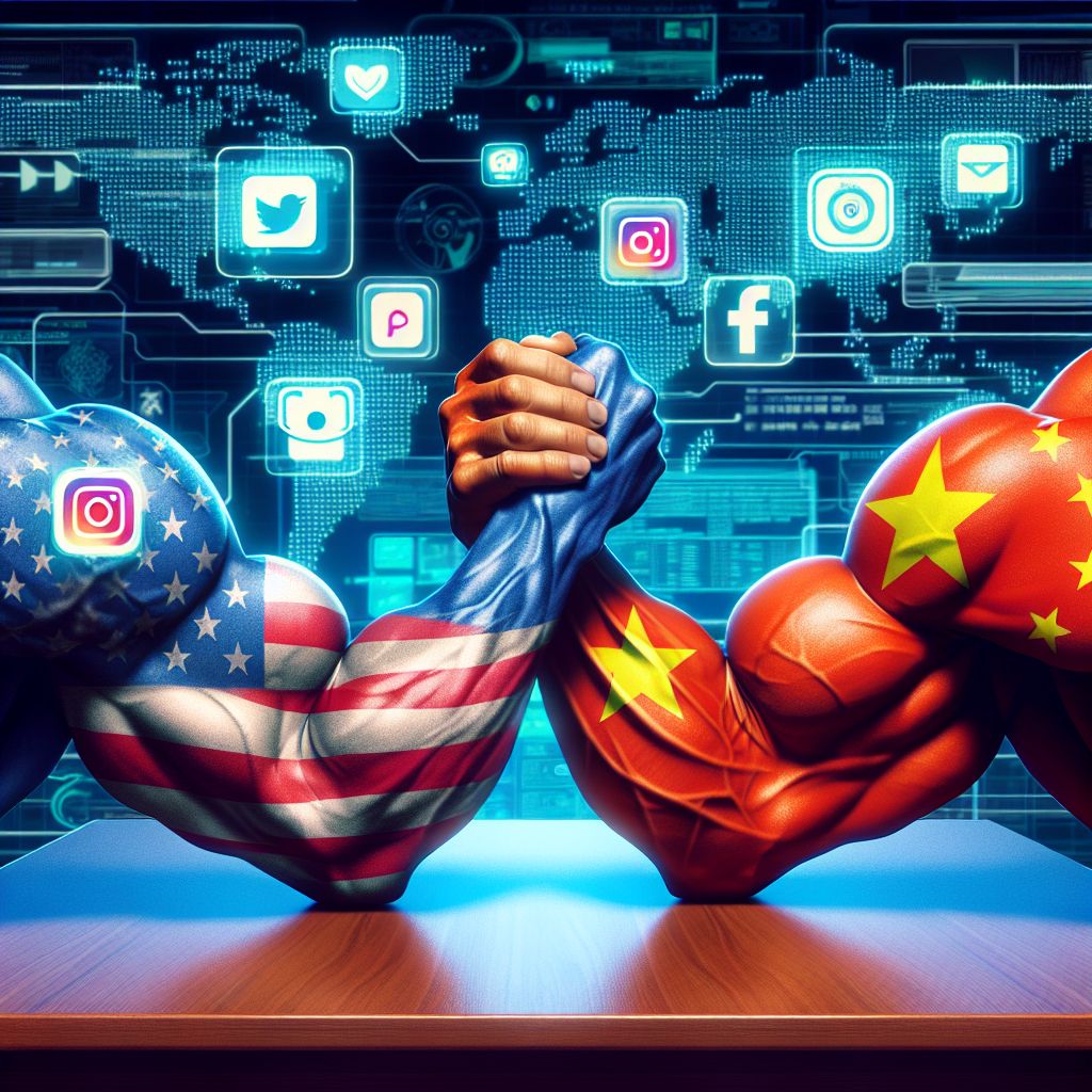 A conceptual illustration of two muscular arms wrestling on a table that symbolizes the 'tech tension' between US and China. The left arm is covered in a flag design of the United States with icons of popular applications like Facebook, Instagram, and Twitter drawn on it. The right arm is enveloped in the Chinese flag design with logos of Chinese applications, including a banned application icon prominently on it. The background is that of a tech-centric environment filled with abstract digital elements. The atmosphere is tense, highlighting the power struggle in the modern digital world.