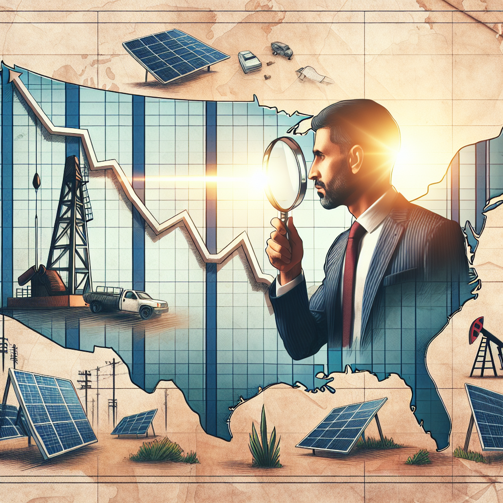 Illustrate an image depicting a downward graph representing gas prices in the United States, superimposed over a lightly faded map of the country. Beside the graph, incorporate visuals of an oil drill and solar panels to symbolize traditional and renewable energy. Also portray a person wearing casual business attire, who is Middle Eastern and male, analyzing the graph with a magnifying glass. Make sure to include light beams radiating from the magnifying glass to the dip in the graph to emphasize the dip in the gas prices. The overall mood of the image should be insightful and engaging.