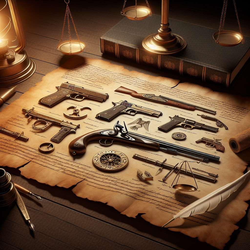 A conceptual scene showing an antiquated parchment lying over a wooden table, symbolizing laws and regulations. The parchment contains detailed drawings and visual representations of various types of firearms, such as pistols, shotguns, and rifles, each labeled with its operation mechanism. Nearby, a quill and an ink pot signify legislative action. Another element in the scene is a silver scale, balanced perfectly, suggesting the weighing of societal needs for safety against individual rights to bear arms. The whole scenario is lit by a single, glowing lantern, casting soft, golden light on these objects, highlighting the importance of reasoned debate and understanding in legislation creation.