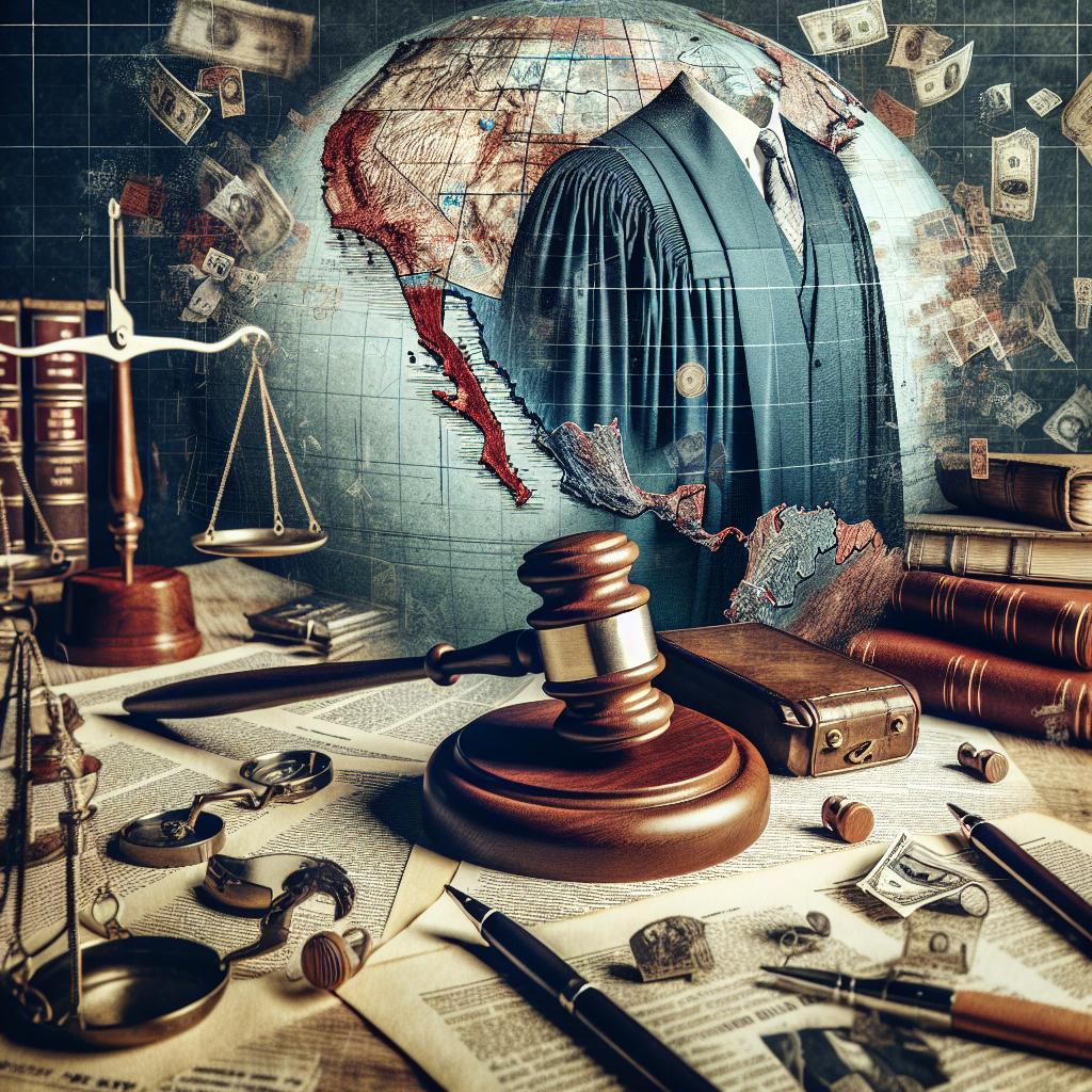 A symbolic representation of a high-profile criminal trial in the US. At the center, a gavel rests on a wooden table, symbolizing the justice system. Surrounding it are elements such as court documents, legal scales, and a judge's robe, highlighting the complexity of these cases. Adorn the scene with fragmented images of old newspaper articles and court drawings, indicating the public attention these trials garner. This entire scene is set against a backdrop of a physical map of the United States, to symbolize the nationwide implications of such trials.