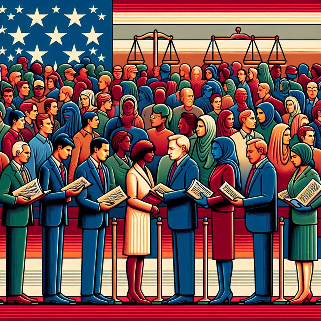 A symbolic representation of changes in voting laws in the United States post-election. Visualize a diverse group of citizens, each embodying different descents such as Caucasian, Black, Hispanic, Middle-Eastern, and South Asian, standing in line, holding updated law books, and discussing. Show a mixed-gender environment with men and women equally participating. Fill the background with symbolic imagery representing American democracy, like an abstract flag or an equally balanced scales of justice. Remember, no direct representation of any real person or politician.