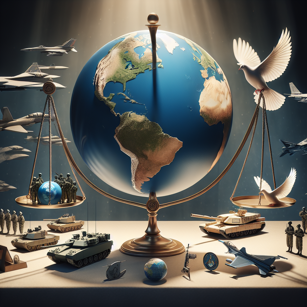 An abstract representation of the globe showing various continents, placed on a table with symbolically depicted representations of military aid resources such as tanks, aircraft, and fleet ships around it. The backdrop shows a balance scale signifying 'best decisions', where one pan holds a dove (symbol of peace), with the other pan holding a shield (symbol of security). Everything is bathed under a soft light representing the concept of global security. The overall style should reflect realism but with symbolic elements.