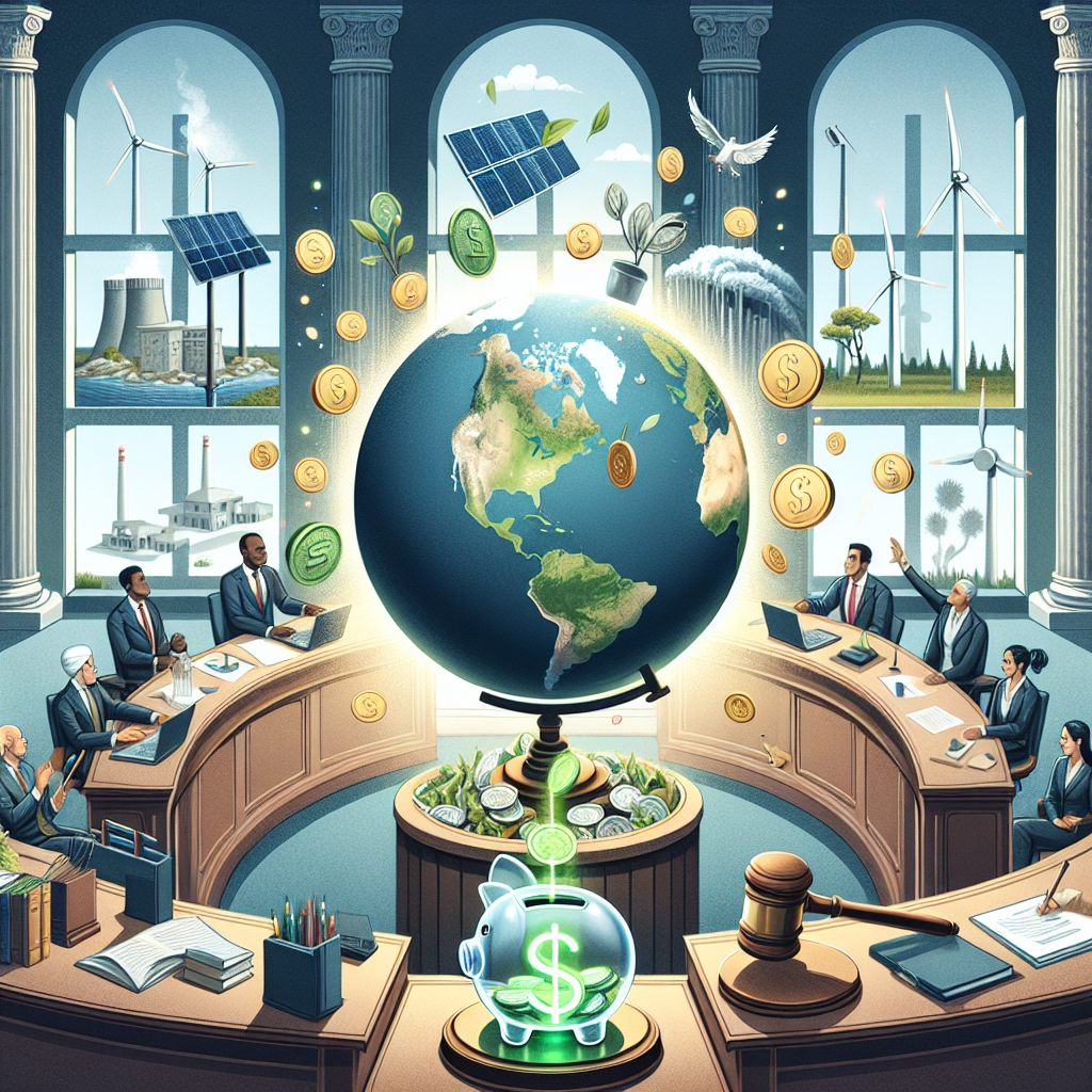 An academic-style illustration related to clean energy investments. Imagine a globe centered on a desk, surrounded by various symbols of clean energy - solar panels, wind turbines, hydroelectric dams, and electric car charging stations. There are coins dropping into a glass piggy bank that is glowing with green light to represent investment. On one side of the desk, display a gavel to represent legislation. The scene is populated by a Middle-Eastern female economist, a Caucasian male environmental scientist, and a South Asian female politician. The globe, desk, and characters are in an elegant office environment with large windows allowing natural light.