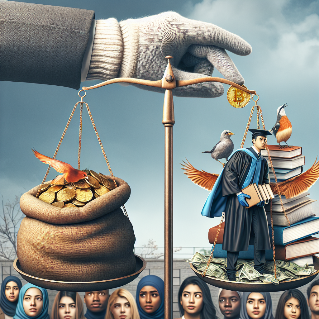An image illustrating the concept of student loan forgiveness. In the center, a large metaphorical scale balancing on a single point, with piles of academic books on one pan and gold coins on the other to represent the loan debt. A wintergloved hand of a caucasian man is liberating a bird from the pan carrying the coins, the bird symbolizing debt being 'forgiven' or freed. On the background, a mix of young South Asian woman, Middle-Eastern and Hispanic male students, who appear hopeful and relieved.
