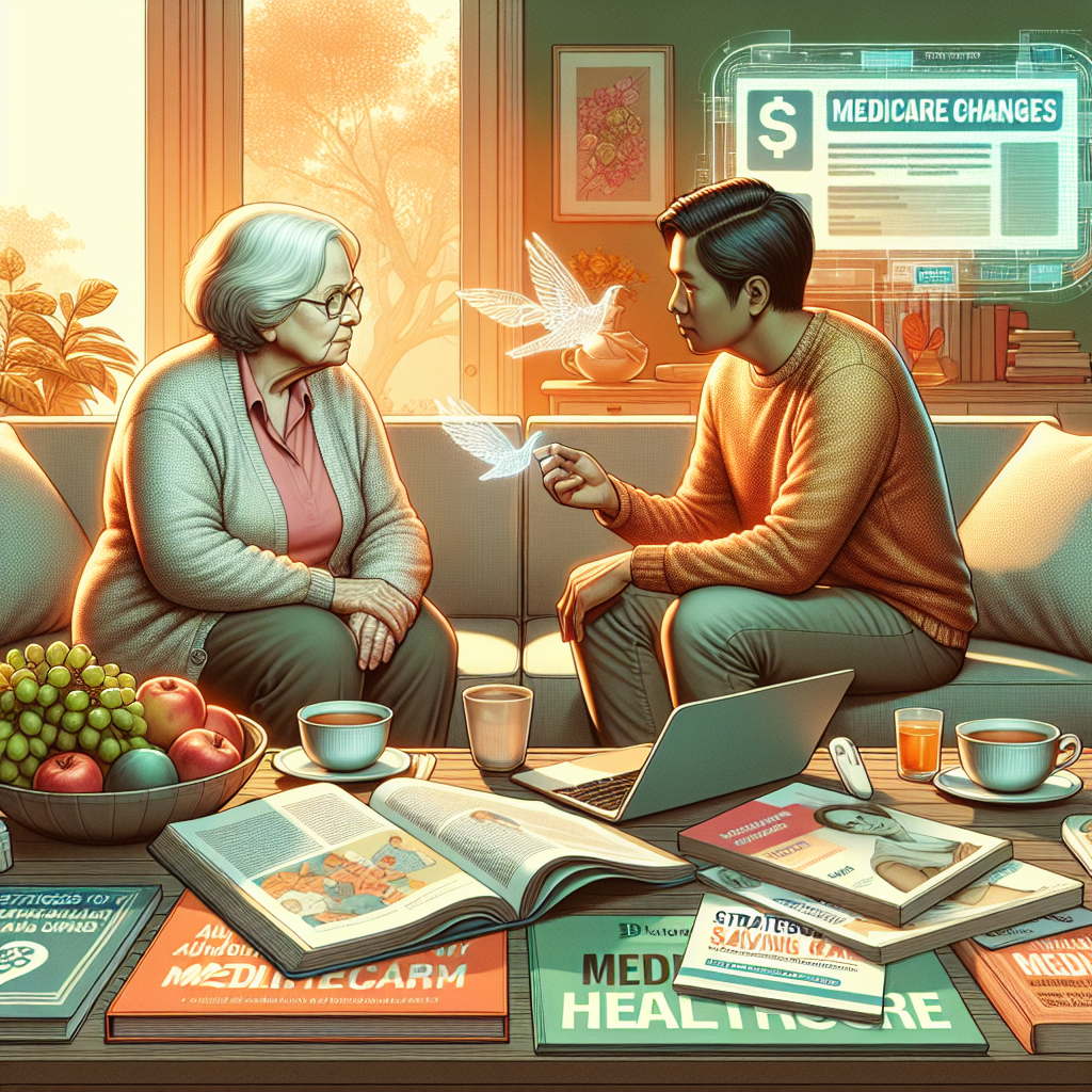 A detailed scene depicts an elderly Caucasian woman and a younger South Asian man involved in a conversation. They are seated in a bright, comforting living space, with a bowl of fresh fruit, a cup of tea, and an open laptop displaying a digital headline that reads, 'Medicare Changes'. A diverse array of book and pamphlets featuring topics like 'Affordable Healthcare', 'Strategies for Medical Savings', and 'Understanding Medicare' are scattered on a nearby coffee table. An aura of learning and understanding envelops the scene.
