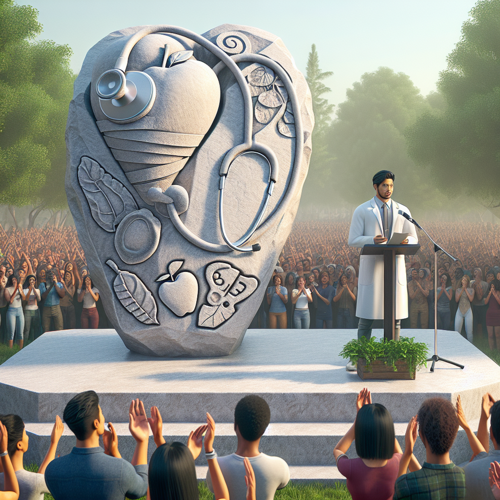Create an image of a fictional celebrated artist unveiling a symbolic milestone in their healthy lifestyle journey. The artist should be an Asian male. This large stone monument should convey key health concepts such as a stethoscope, heart shape, apple, and a water bottle intricately carved on it. Set in a serene park on a sunny day, our artist is addressed by a Hispanic female news reporter, microphone in hand, taking his statement. Crowds of diverse fans are applauding in background.