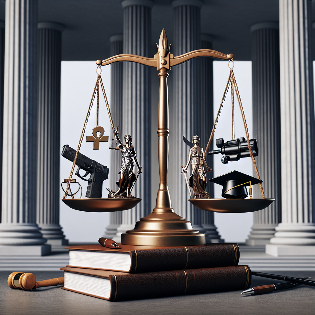 A weighted balance, symbolic of justice, on top of a stack of legal documents. On the weighing plates are three miniature illustrations representative of the themes, a medical symbol to signify abortion, a firearm for gun laws, and graduation cap for student loans. Set against a background of imposing pillars representing the Supreme Court of a generic country. No individuals, symbols, or elements alluding to specific individuals or specific nationalities. Overall vibe is sober, authoritative, and neutral.