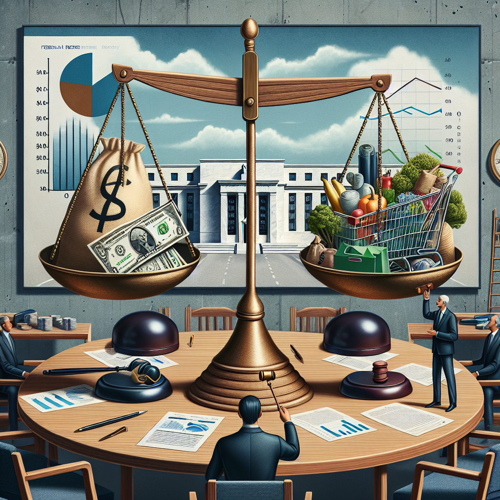 An image depicting a symbolic representation of managing inflation. In the center, there's a scale balancing a bag of money and a shopping cart filled with groceries, symbolizing the balance of the economy and consumers' purchasing power. On one side of the scale, an anonymous official with a gavel is making decisions. Around the image, traditional elements of monetary policy like banknotes, statistics graphs, and the Federal Reserve building are subtly integrated. The setting is an office with a large round table, with chairs, pens, and papers hinting at a decision-making discussion.