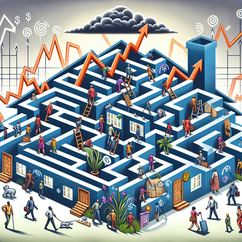 A detailed illustration of a maze formed in the shape of a house, symbolizing the challenges of the US housing market crisis. The maze is filled with rising graphs indicating increasing mortgage rates. There are diverse people of various descents and genders, depicted as small figures navigating through the maze. Some are finding shortcuts, others are strategizing with compasses and maps, and some are struggling, signifying varying strategies to confront the crisis. There is a looming storm cloud overhead, symbolizing economic turmoil, while in the background, the sun is starting to break through the clouds symbolizing hope and resilience.