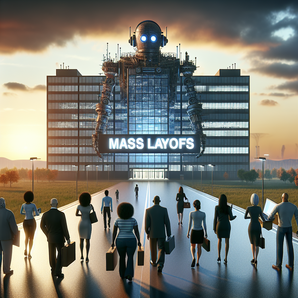 A visual portraying a large corporate building of a hypothetical tech company, represented metaphorically as a giant robot, with a sign reading 'Mass Layoffs', depicting an atmosphere of uncertainty. In the foreground, several diverse individuals such as a Black woman, a Hispanic man, a Caucasian woman, a Middle-Eastern man, and a South-Asian woman are walking away, symbolizing employees affected by layoffs. These individuals possess a variety of tech-related tools such as laptop, blueprints, headset, indicating their profession in the tech industry. The horizon is lit with the light of dawn, symbolizing hope and new strategies for survival.